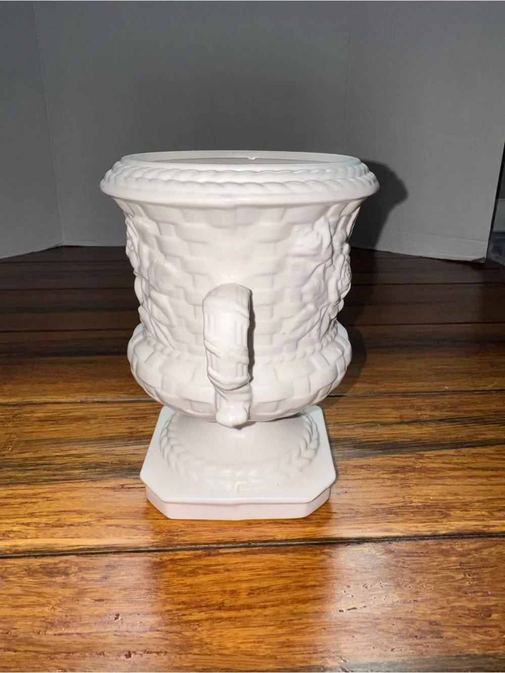 Vintage White Urn Vase with Floral Details